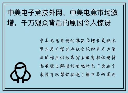 中美电子竞技外网、中美电竞市场激增，千万观众背后的原因令人惊讶